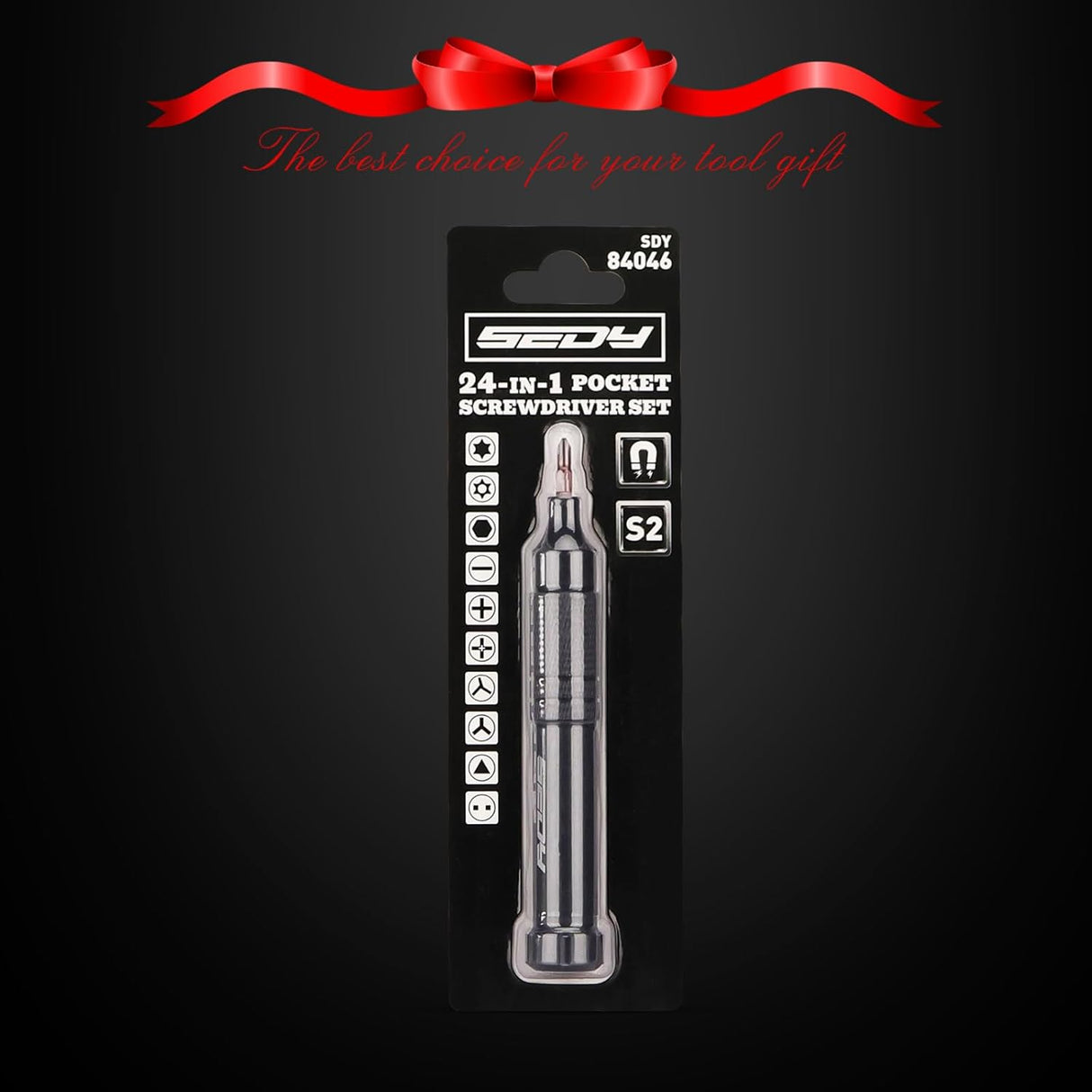 SEDY black 24-in-1 magnetic pocket screwdriver set with precision S2 bits, black handle, and hidden internal storage