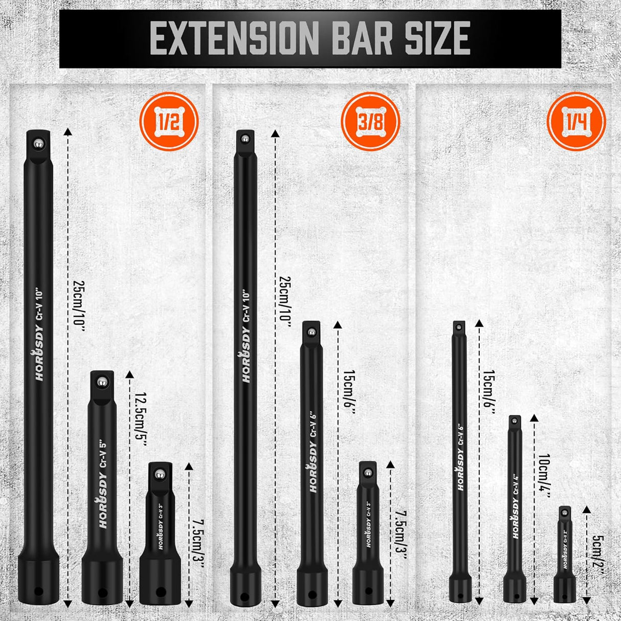 HORUSDY 12-piece black impact extension bar and socket adapter set with Cr-V steel and phosphate coating for ratchets and power tools
