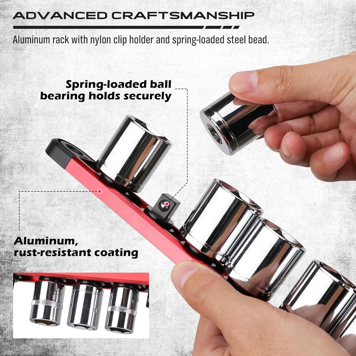 9-Piece Magnetic Socket Organizer Rail Set with Adjustable Clips, Ball Bearings, and Heavy Duty Aluminum Construction for 1/4", 3/8", and 1/2" Drive