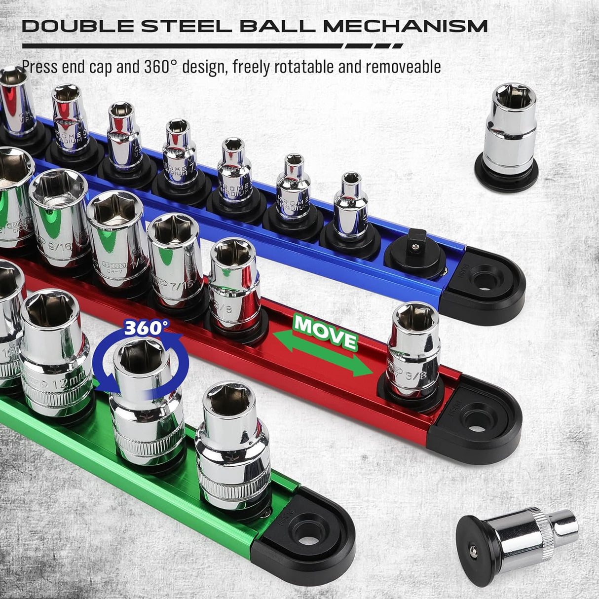 9-Piece Magnetic Socket Organizer Rail Set with Adjustable Clips, Ball Bearings, and Heavy Duty Aluminum Construction for 1/4", 3/8", and 1/2" Drive