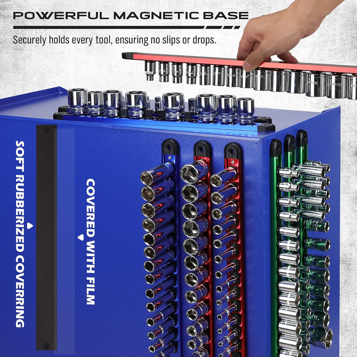 9-Piece Magnetic Socket Organizer Rail Set with Adjustable Clips, Ball Bearings, and Heavy Duty Aluminum Construction for 1/4", 3/8", and 1/2" Drive