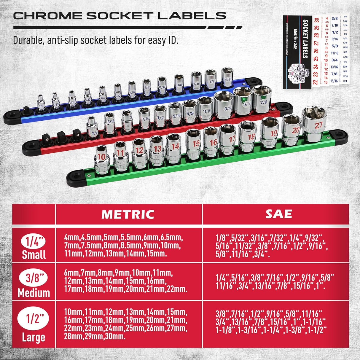 9-Piece Magnetic Socket Organizer Rail Set with Adjustable Clips, Ball Bearings, and Heavy Duty Aluminum Construction for 1/4", 3/8", and 1/2" Drive