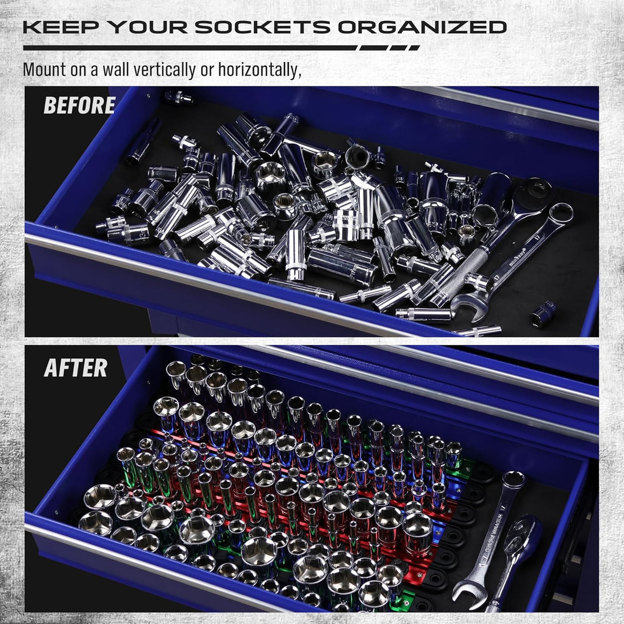 9-Piece Magnetic Socket Organizer Rail Set with Adjustable Clips, Ball Bearings, and Heavy Duty Aluminum Construction for 1/4", 3/8", and 1/2" Drive