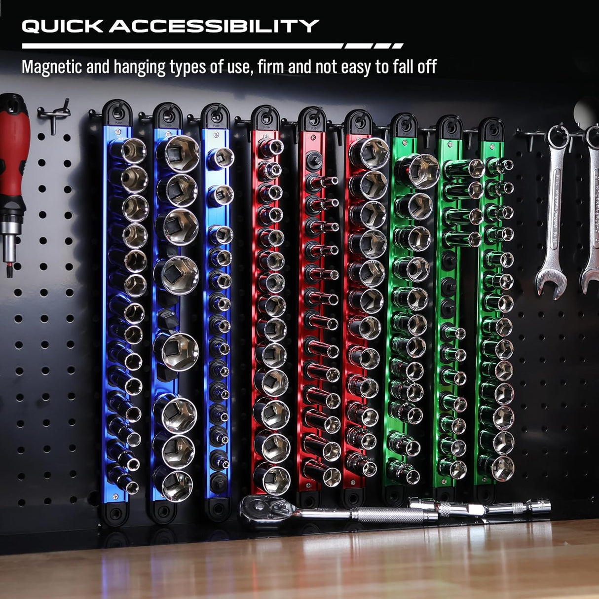 9-Piece Magnetic Socket Organizer Rail Set with Adjustable Clips, Ball Bearings, and Heavy Duty Aluminum Construction for 1/4", 3/8", and 1/2" Drive