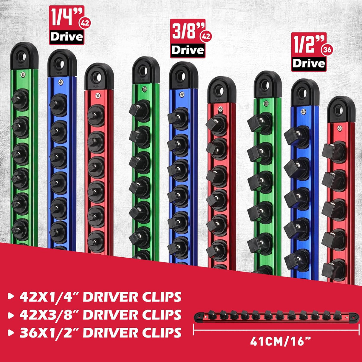 9-Piece Magnetic Socket Organizer Rail Set with Adjustable Clips, Ball Bearings, and Heavy Duty Aluminum Construction for 1/4", 3/8", and 1/2" Drive