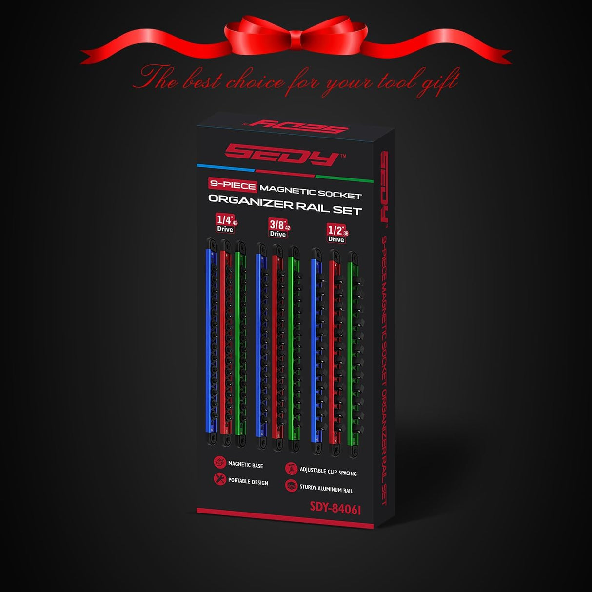 9-Piece Magnetic Socket Organizer Rail Set with Adjustable Clips, Ball Bearings, and Heavy Duty Aluminum Construction for 1/4", 3/8", and 1/2" Drive