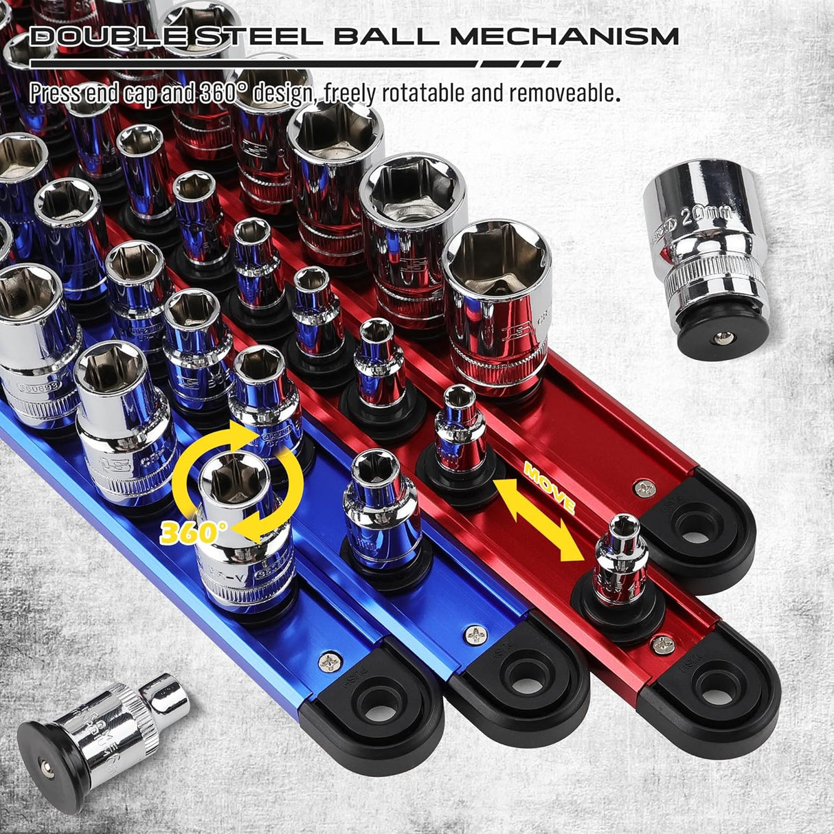 6-Piece Magnetic Socket Organizer Rail Set with Spring-Loaded Ball Bearings and Heavy Duty Aluminum Construction for 1/4", 3/8", and 1/2" Drive