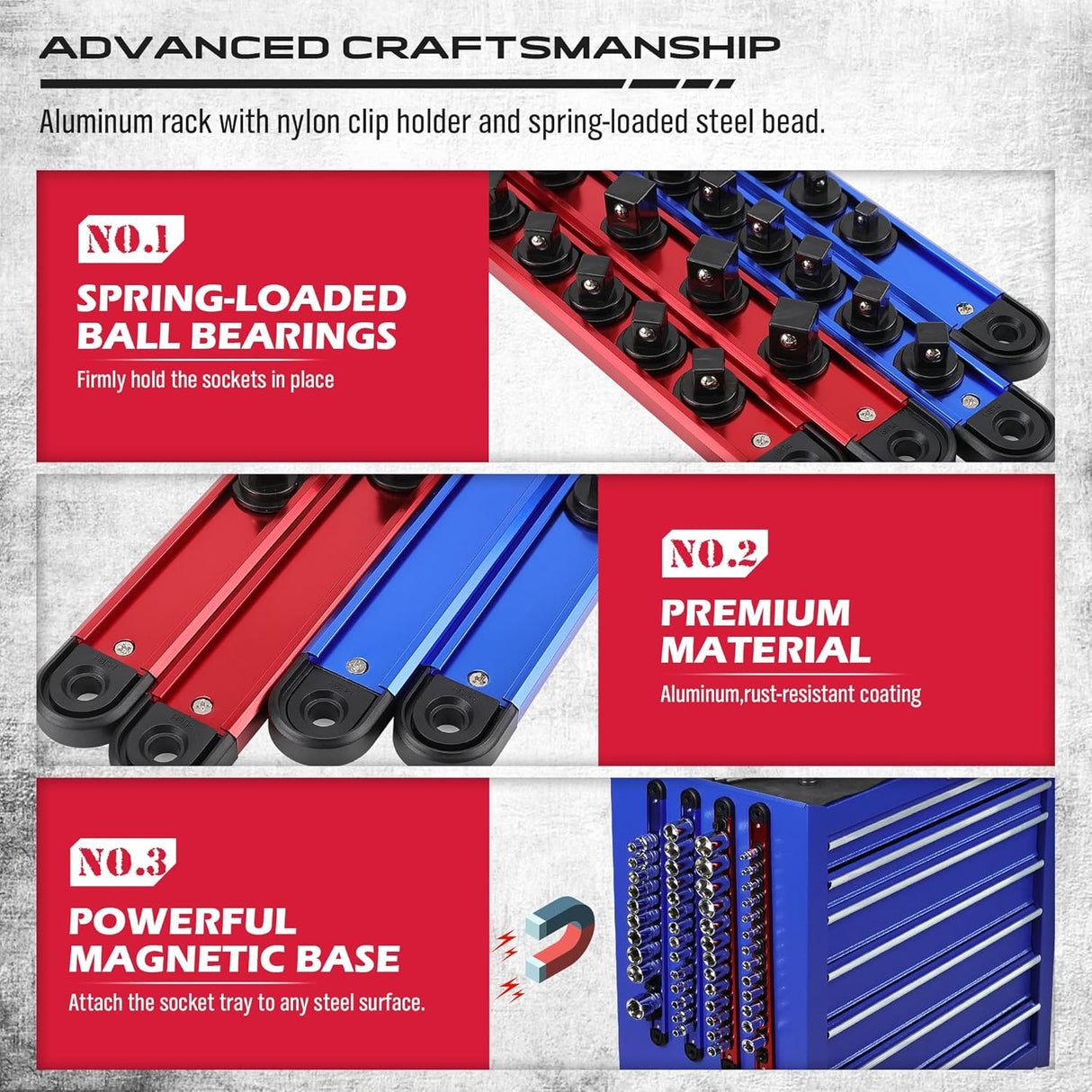 6-Piece Magnetic Socket Organizer Rail Set with Spring-Loaded Ball Bearings and Heavy Duty Aluminum Construction for 1/4", 3/8", and 1/2" Drive