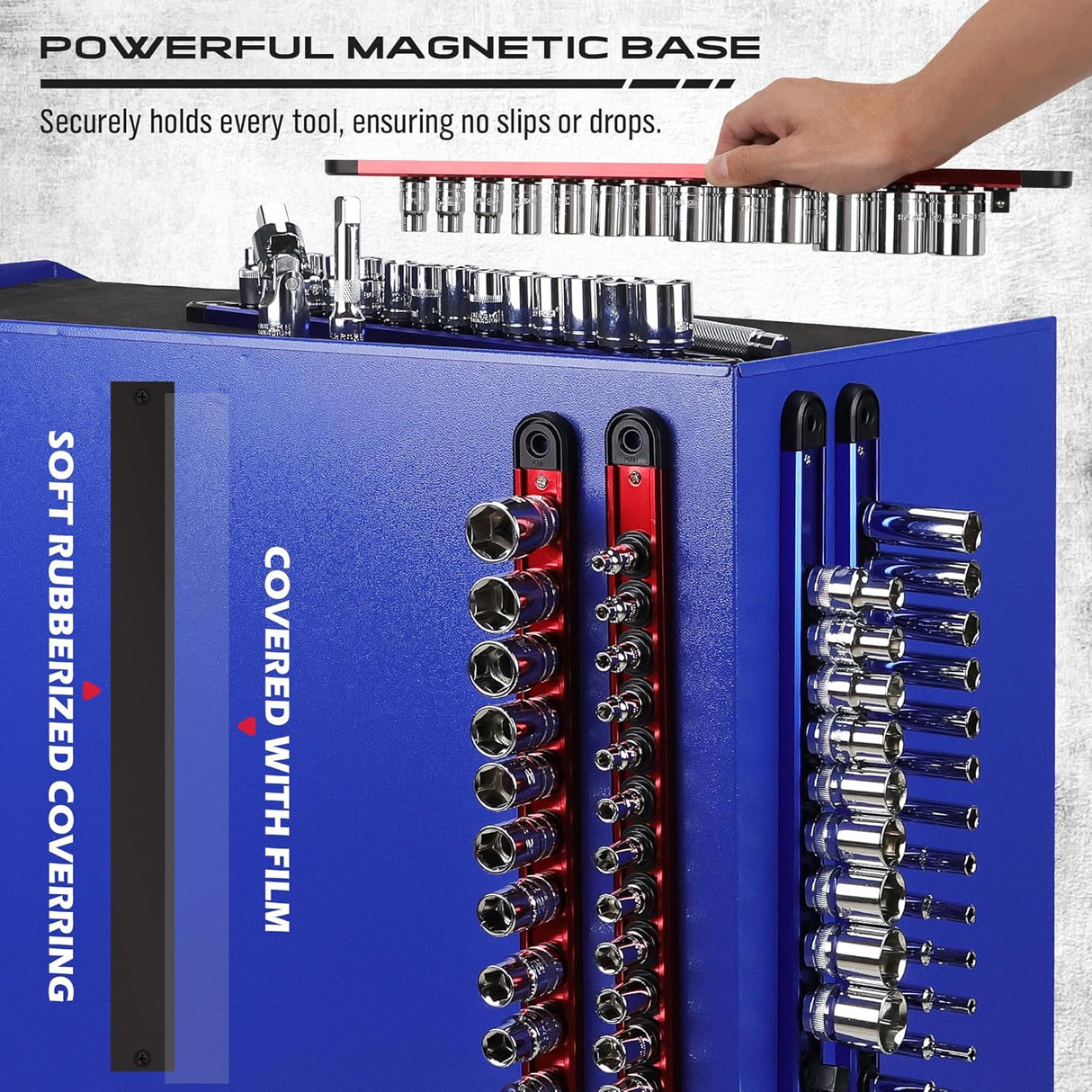 6-Piece Magnetic Socket Organizer Rail Set with Spring-Loaded Ball Bearings and Heavy Duty Aluminum Construction for 1/4", 3/8", and 1/2" Drive
