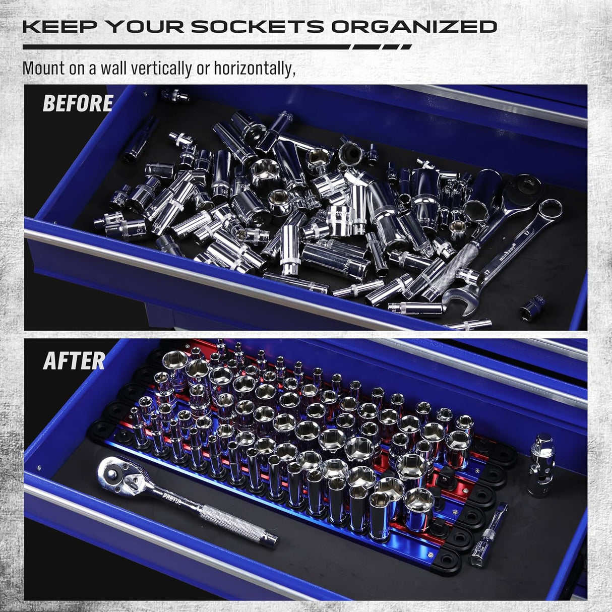 6-Piece Magnetic Socket Organizer Rail Set with Spring-Loaded Ball Bearings and Heavy Duty Aluminum Construction for 1/4", 3/8", and 1/2" Drive