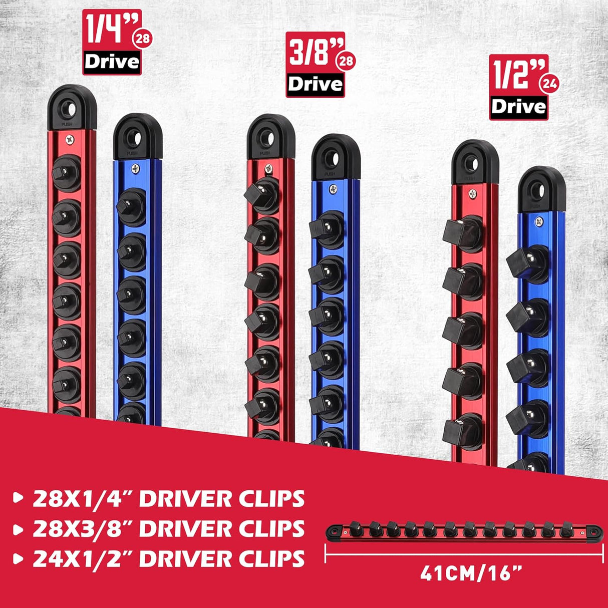 6-Piece Magnetic Socket Organizer Rail Set with Spring-Loaded Ball Bearings and Heavy Duty Aluminum Construction for 1/4", 3/8", and 1/2" Drive