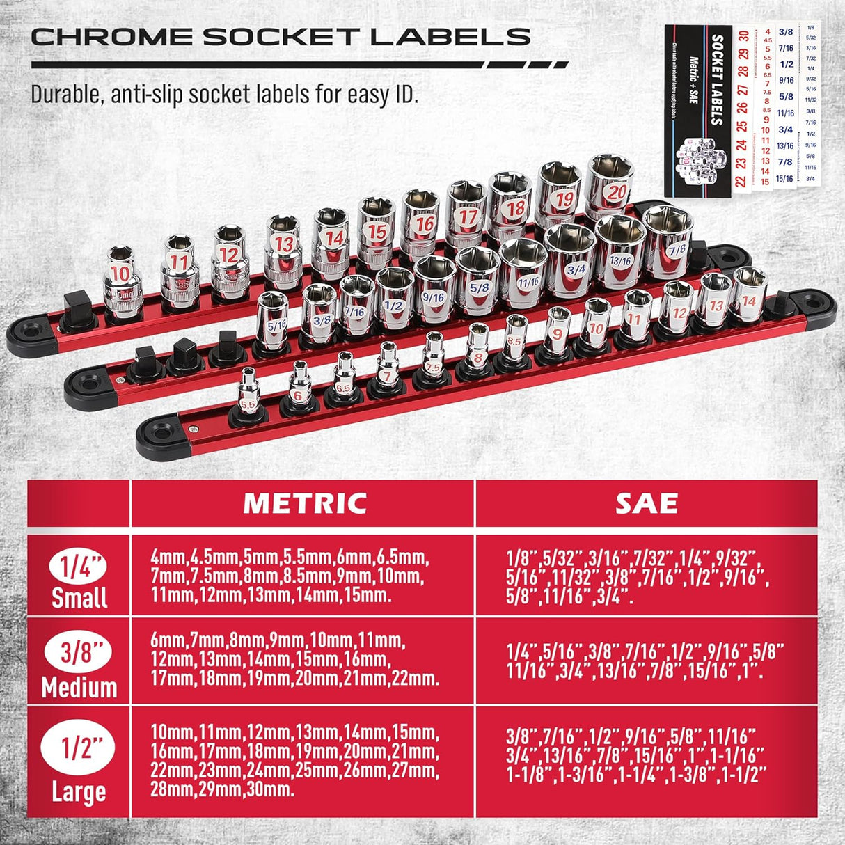 6-Piece Magnetic Socket Organizer Rail Set with Spring-Loaded Ball Bearings and Heavy Duty Aluminum Construction for 1/4", 3/8", and 1/2" Drive