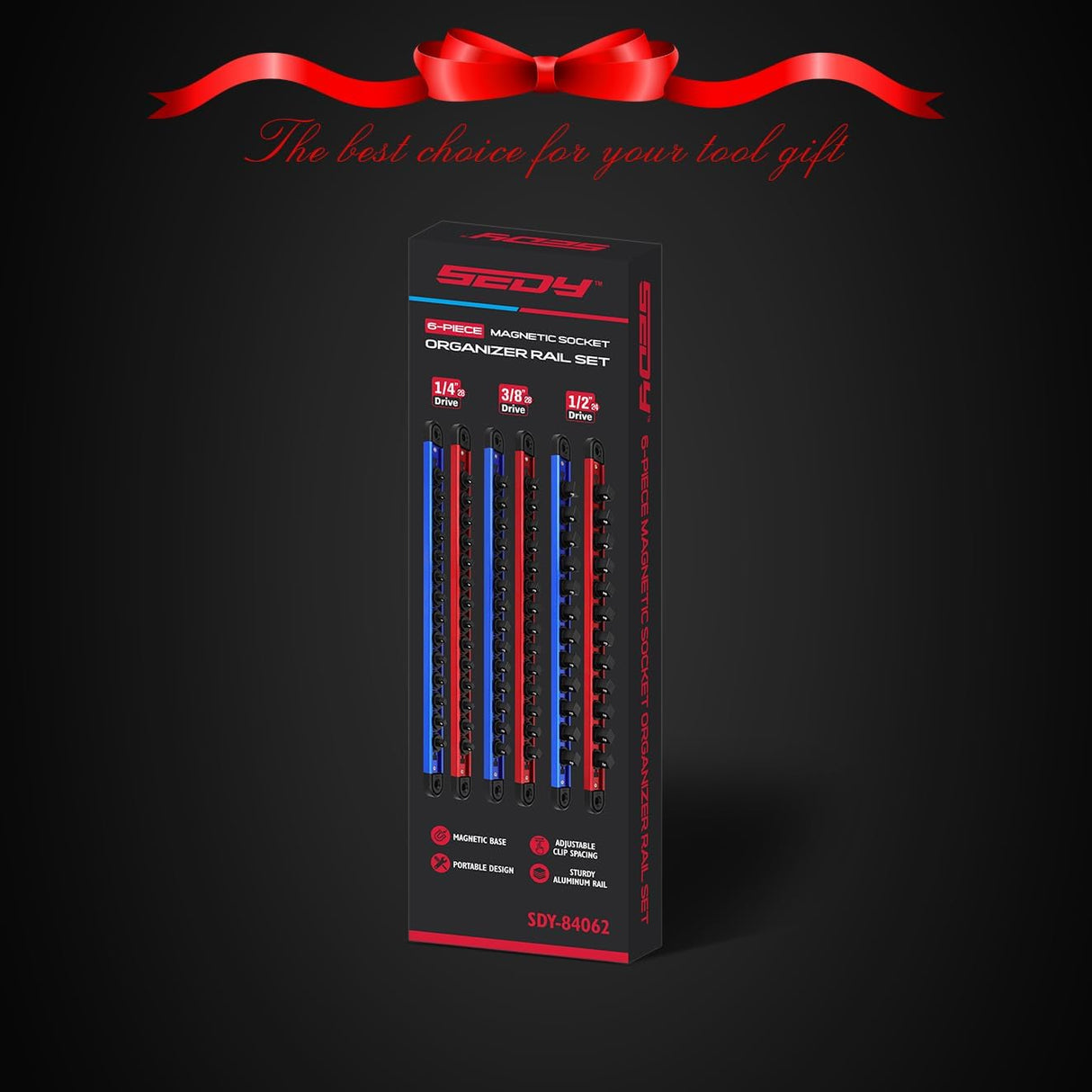 6-Piece Magnetic Socket Organizer Rail Set with Spring-Loaded Ball Bearings and Heavy Duty Aluminum Construction for 1/4", 3/8", and 1/2" Drive