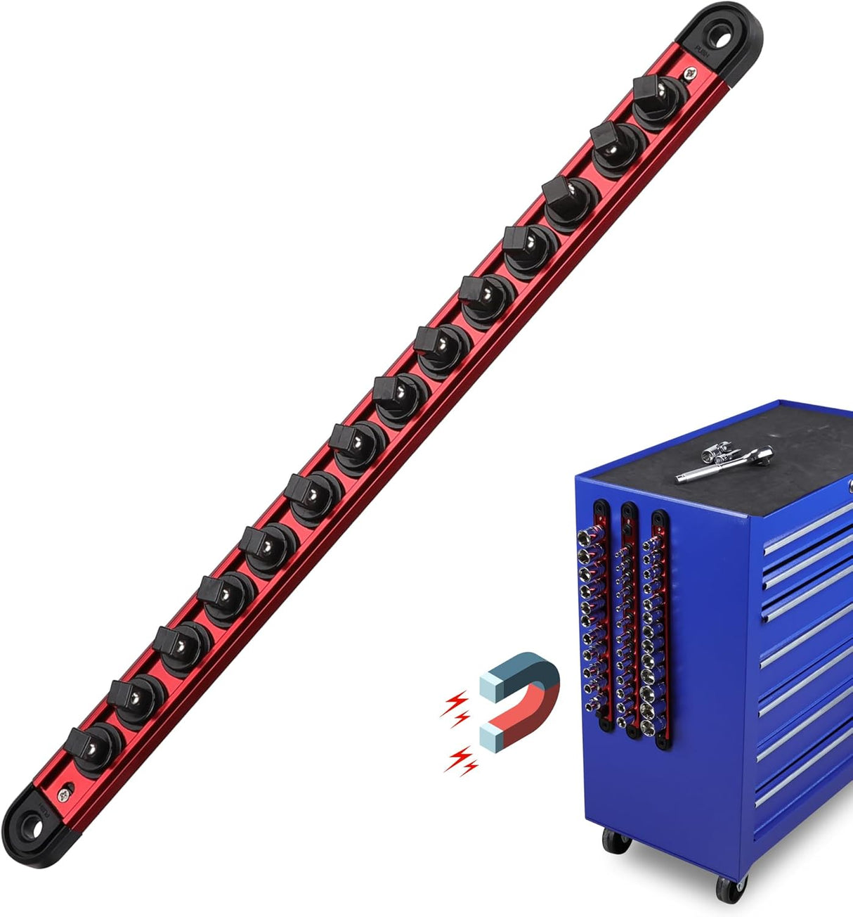 SEDY Magnetic Socket Organizer Rail with 14 Slots for 3/8" Drive, Double Steel Ball Mechanism, 360° Rotatable, and Powerful Magnetic Base