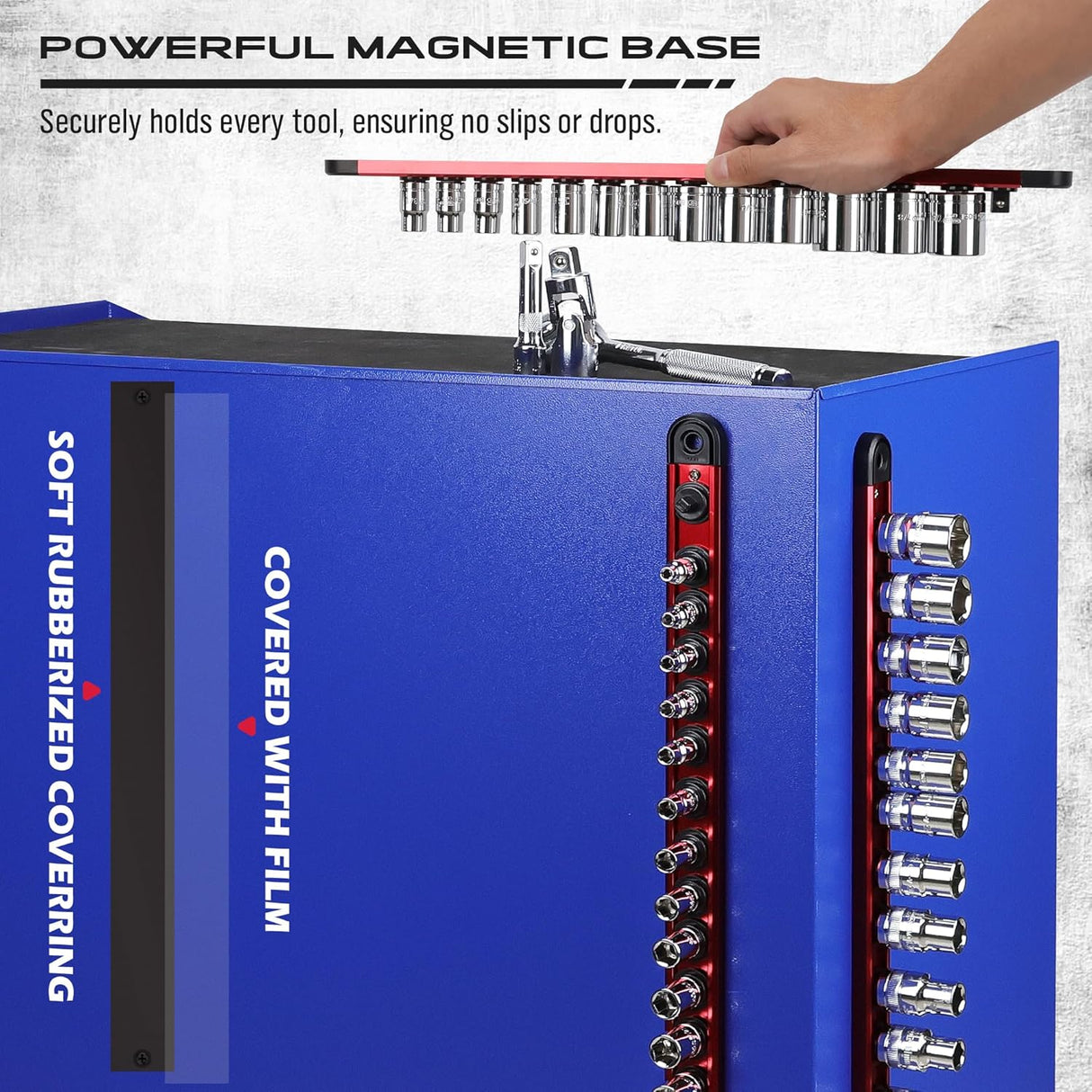 SEDY Magnetic Socket Organizer Rail with 14 Slots for 3/8" Drive, Double Steel Ball Mechanism, 360° Rotatable, and Powerful Magnetic Base