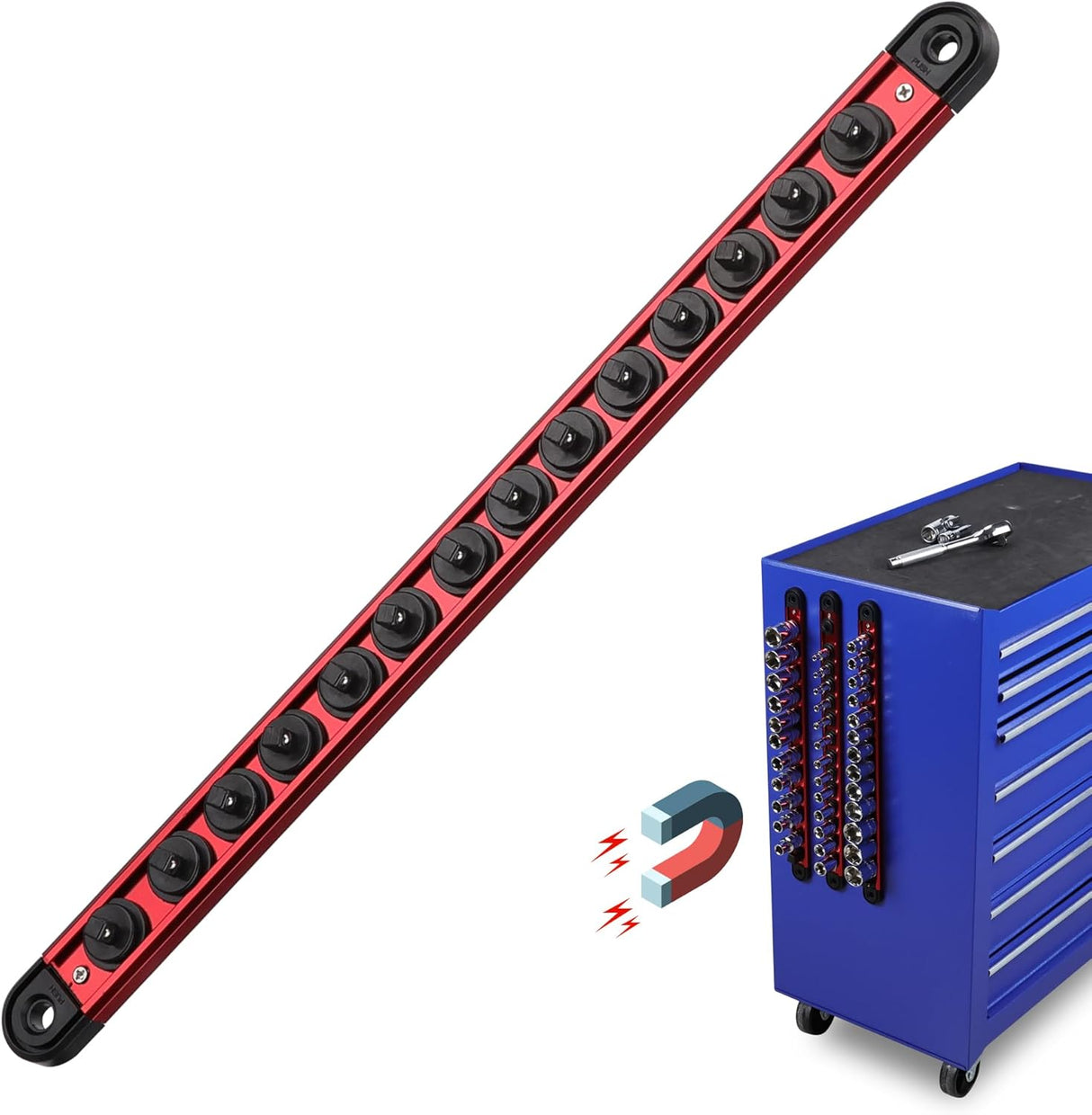 SEDY Magnetic Socket Organizer Rail with 14 Slots, Spring-Loaded Ball Bearings, and Powerful Magnetic Base for Secure and Efficient Storage