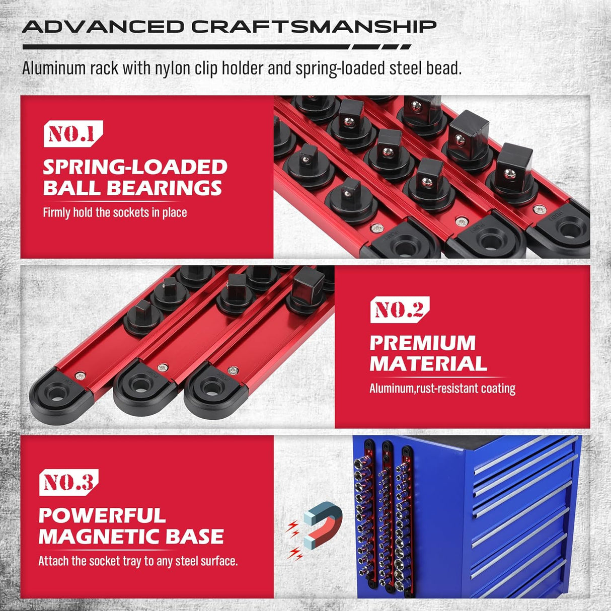 SEDY Magnetic Socket Organizer Rail with 14 Slots, Spring-Loaded Ball Bearings, and Powerful Magnetic Base for Secure and Efficient Storage