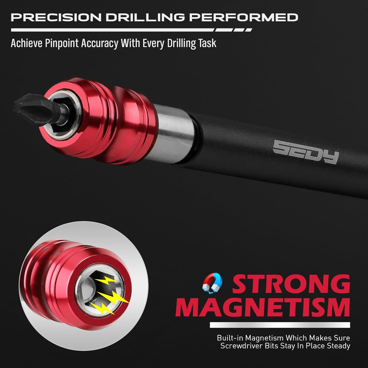 SEDY 12-inch magnetic bit holder extension with quick-release collar, CR-V steel construction, strong built-in magnetism, and 1/4 inch hex shank adapter