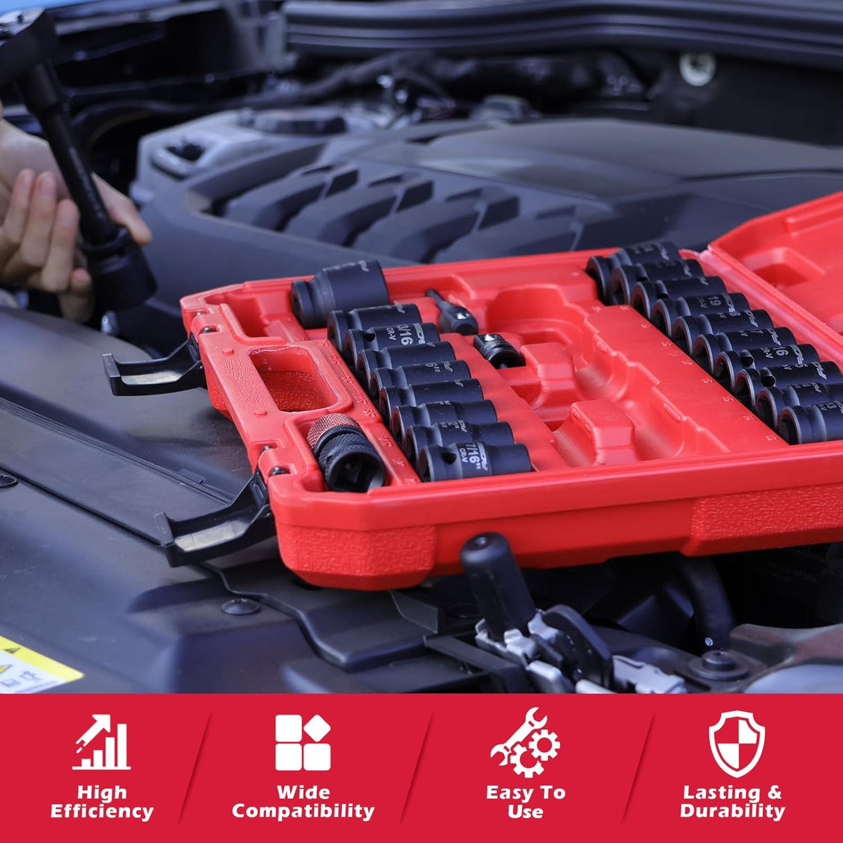 SEDY 25-piece 1/2-inch drive impact socket set with SAE and metric sizes, deep sockets, ratchet, adapters, and extension bar in red heavy-duty storage case