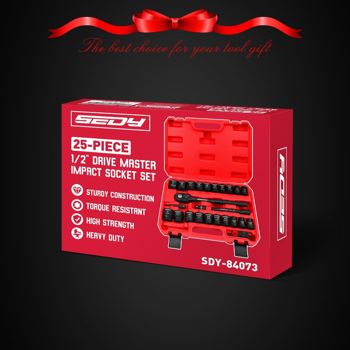 SEDY 25-piece 1/2-inch drive impact socket set with SAE and metric sizes, deep sockets, ratchet, adapters, and extension bar in red heavy-duty storage case