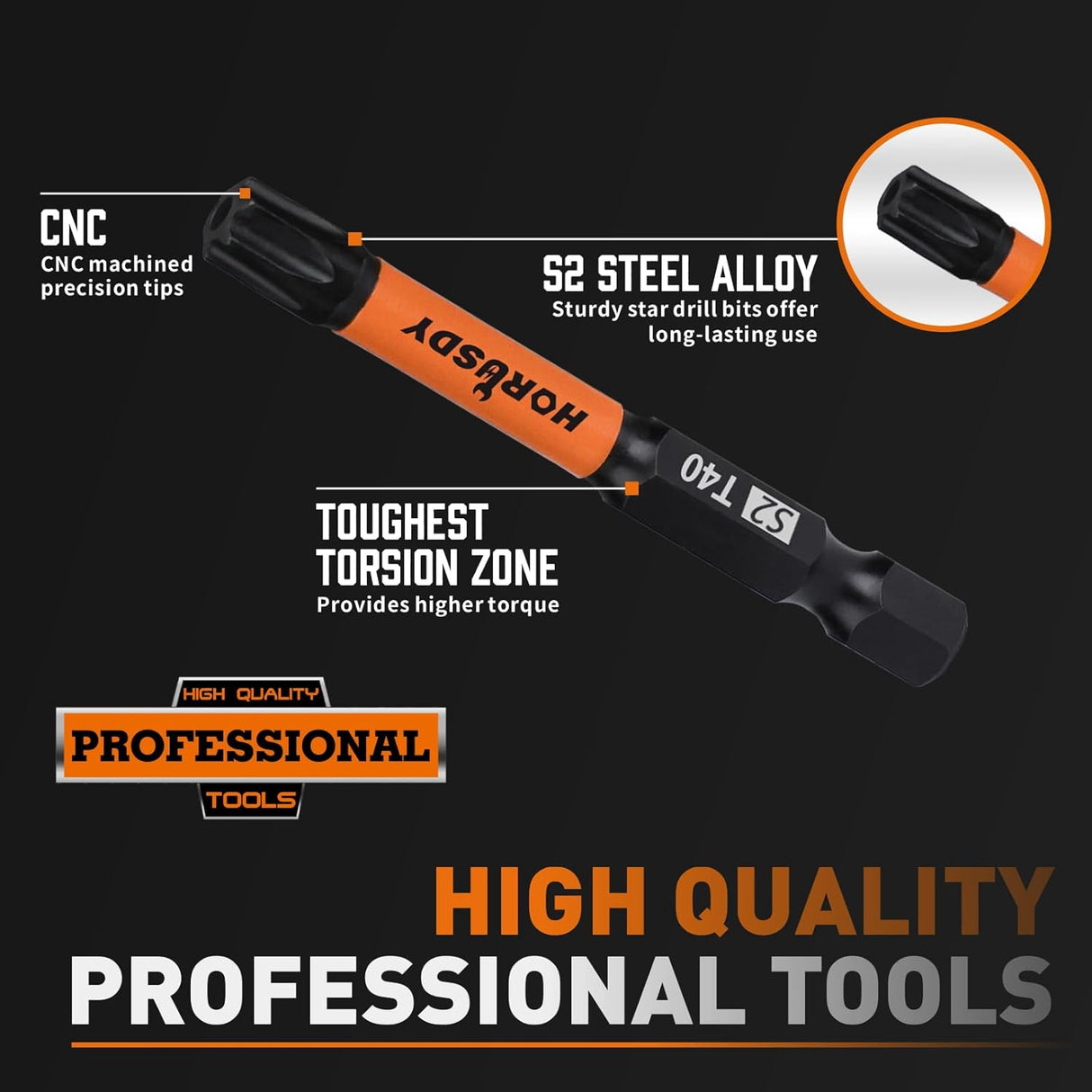 HORUSDY 36-piece magnetic Torx bit set with S2 steel construction, star security bits and durable labeled holder