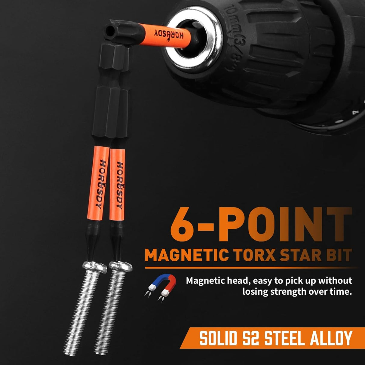 HORUSDY 36-piece magnetic Torx bit set with S2 steel construction, star security bits and durable labeled holder