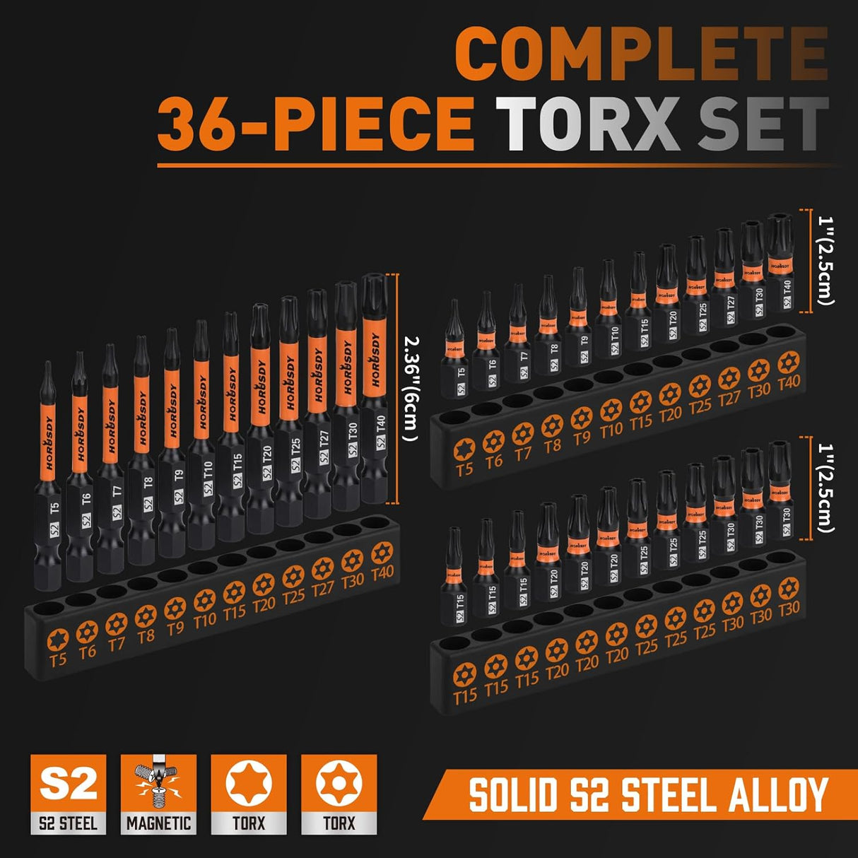 HORUSDY 36-piece magnetic Torx bit set with S2 steel construction, star security bits and durable labeled holder