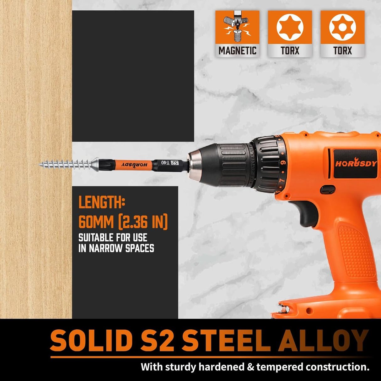 HORUSDY 36-piece magnetic Torx bit set with S2 steel construction, star security bits and durable labeled holder