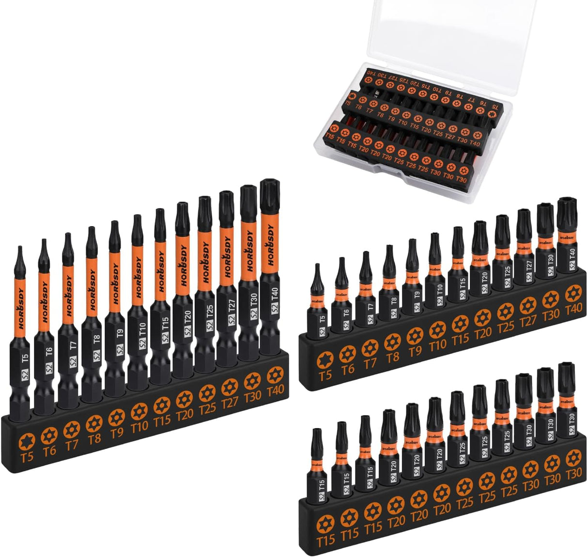 HORUSDY 36-piece magnetic Torx bit set with S2 steel construction, star security bits and durable labeled holder