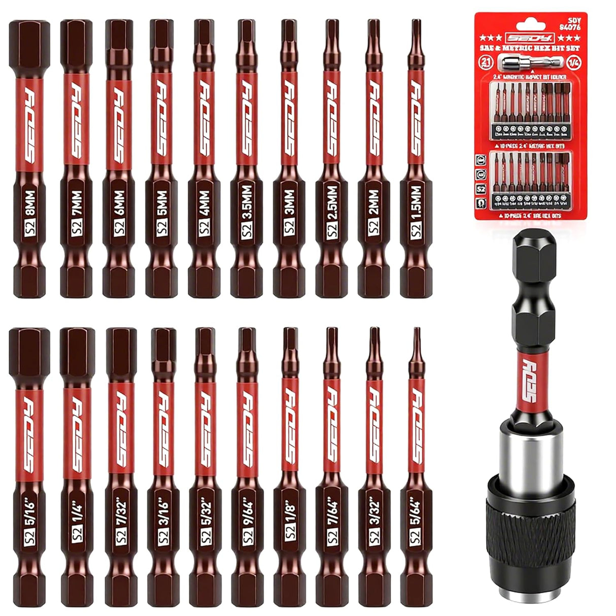 SEDY 21-piece SAE and Metric hex bit set with magnetic bit holder and S2 alloy steel construction for impact drivers and power tools