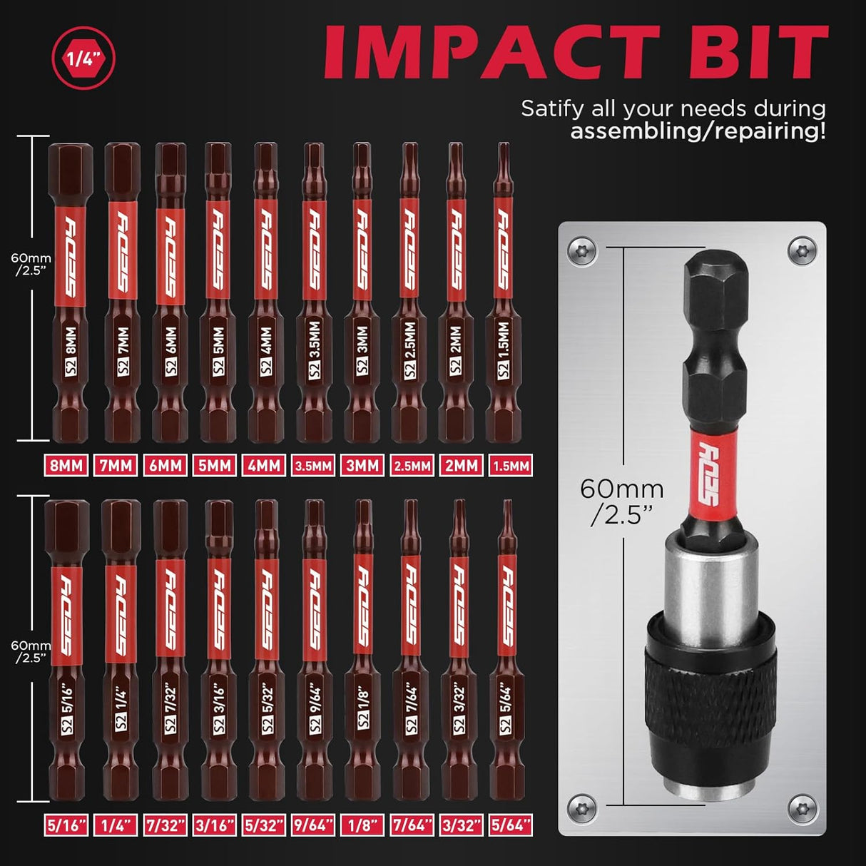 SEDY 21-piece SAE and Metric hex bit set with magnetic bit holder and S2 alloy steel construction for impact drivers and power tools