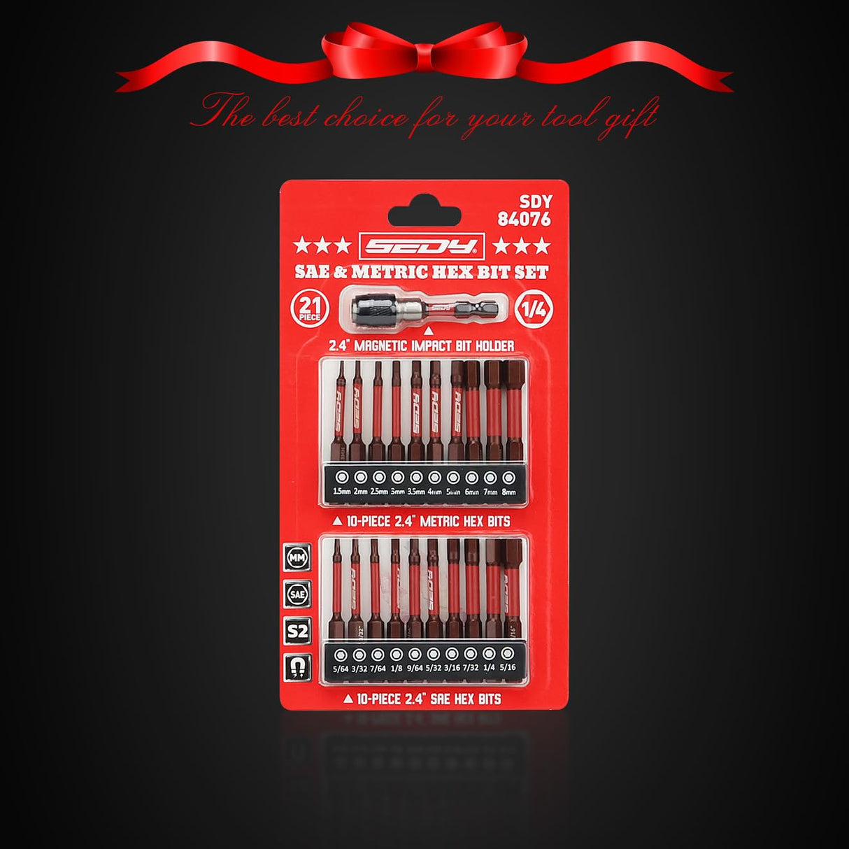 SEDY 21-piece SAE and Metric hex bit set with magnetic bit holder and S2 alloy steel construction for impact drivers and power tools