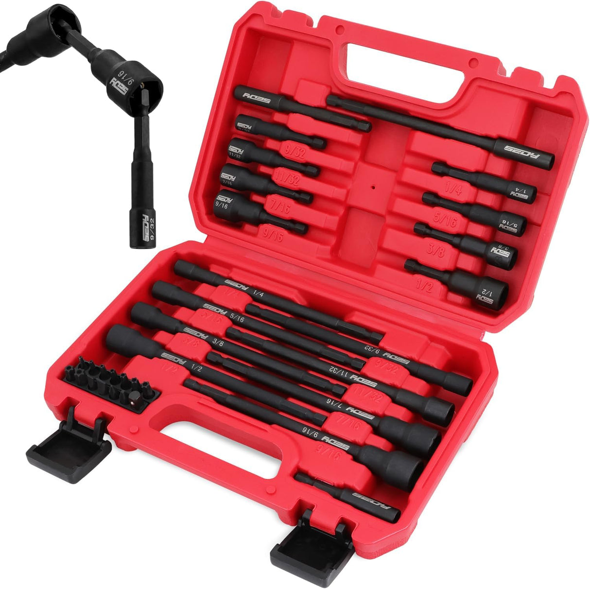 SEDY 33PCS SAE Magnetic Nut Driver Set with extra long & short nut drivers, magnetic tips, black phosphate CR-V steel, impact-rated, in red storage case