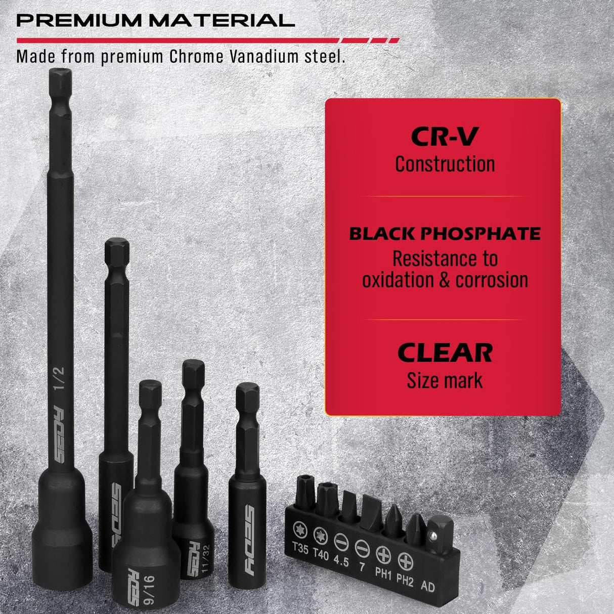 SEDY 33PCS SAE Magnetic Nut Driver Set with extra long & short nut drivers, magnetic tips, black phosphate CR-V steel, impact-rated, in red storage case