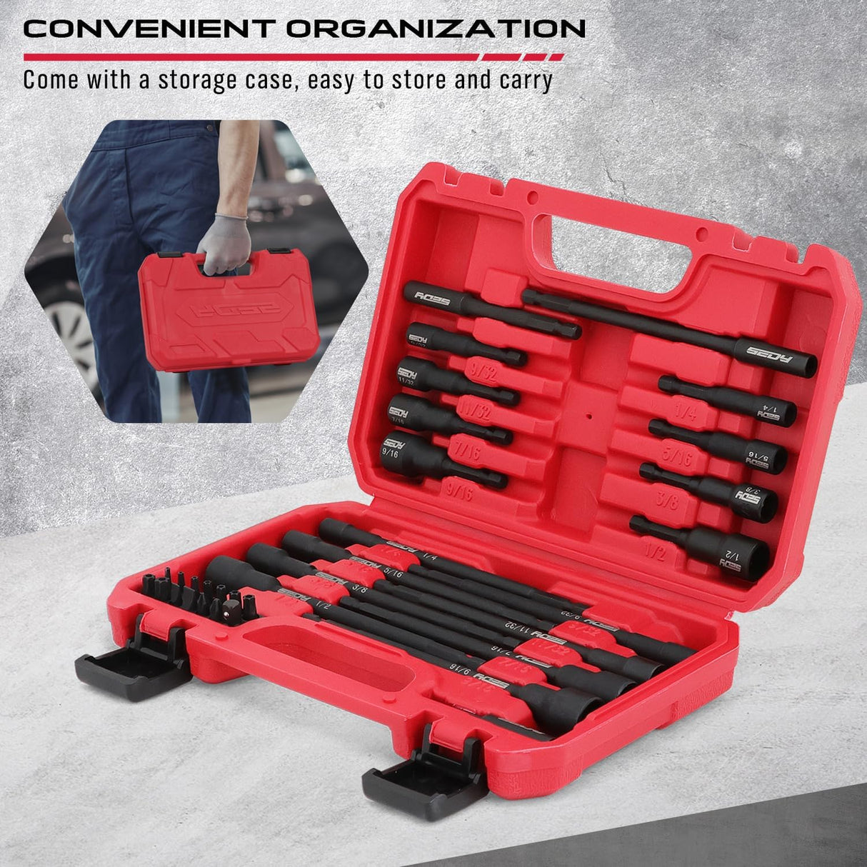 SEDY 33PCS SAE Magnetic Nut Driver Set with extra long & short nut drivers, magnetic tips, black phosphate CR-V steel, impact-rated, in red storage case