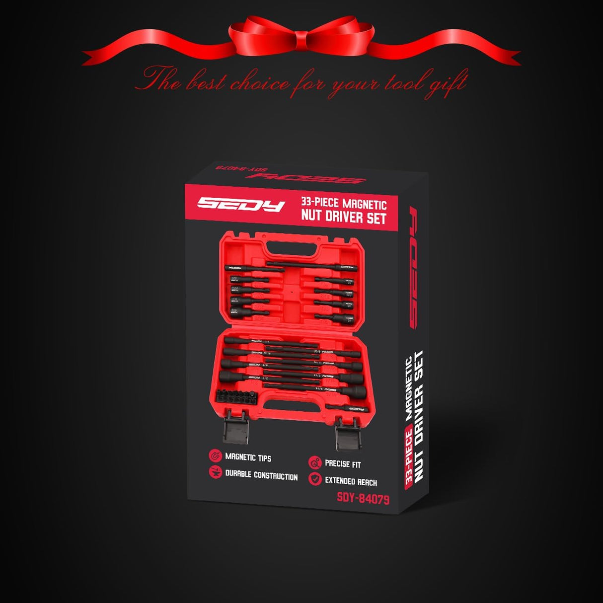 SEDY 33PCS SAE Magnetic Nut Driver Set with extra long & short nut drivers, magnetic tips, black phosphate CR-V steel, impact-rated, in red storage case
