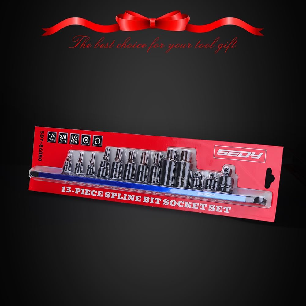 Triple square spline socket bit set with magnetic rail and 3 drive adapters, includes 13 Cr-V & S2 steel bits in 1/4", 3/8", 1/2" drive sizes for automotive use.