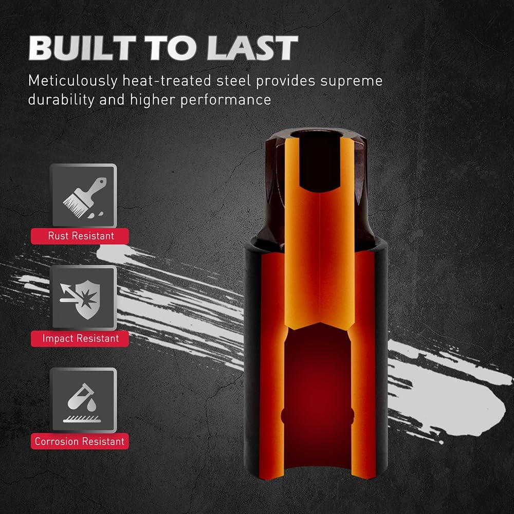 Triple square spline socket bit set with magnetic rail and 3 drive adapters, includes 13 Cr-V & S2 steel bits in 1/4", 3/8", 1/2" drive sizes for automotive use.