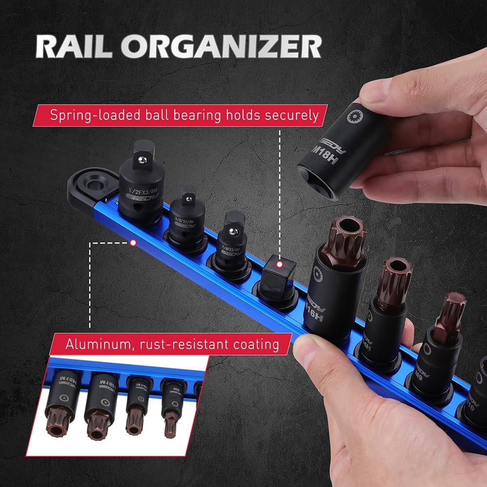 Triple square spline socket bit set with magnetic rail and 3 drive adapters, includes 13 Cr-V & S2 steel bits in 1/4", 3/8", 1/2" drive sizes for automotive use.