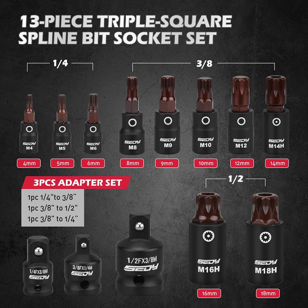 Triple square spline socket bit set with magnetic rail and 3 drive adapters, includes 13 Cr-V & S2 steel bits in 1/4", 3/8", 1/2" drive sizes for automotive use.
