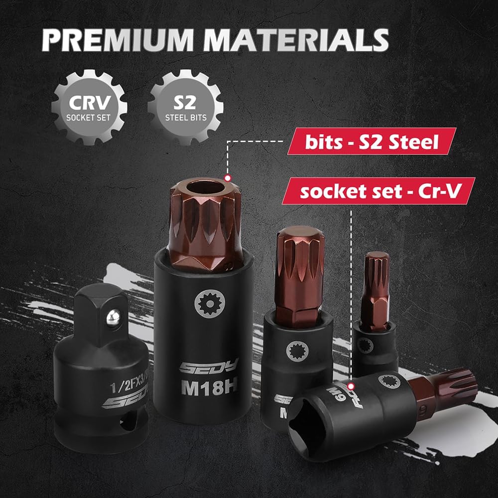 Triple square spline socket bit set with magnetic rail and 3 drive adapters, includes 13 Cr-V & S2 steel bits in 1/4", 3/8", 1/2" drive sizes for automotive use.