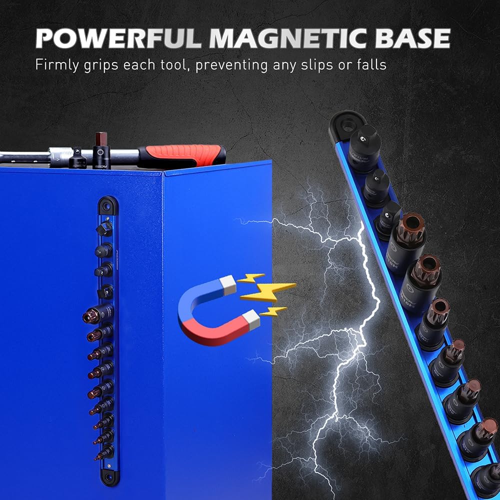 Triple square spline socket bit set with magnetic rail and 3 drive adapters, includes 13 Cr-V & S2 steel bits in 1/4", 3/8", 1/2" drive sizes for automotive use.
