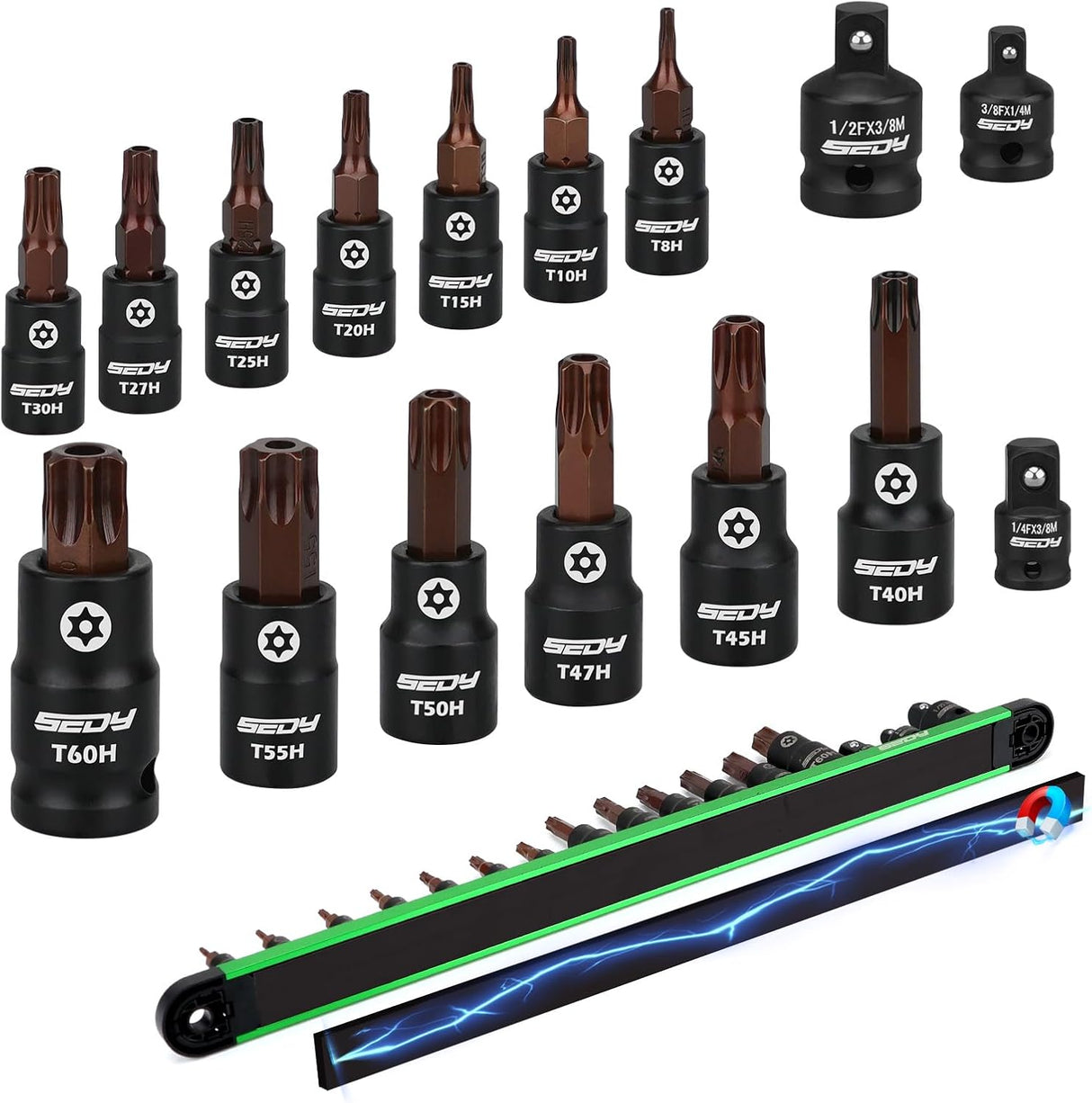 Tamper-proof external Torx bit socket set with 16 S2 and Cr-V pieces in 1/4", 3/8", and 1/2" drives, organized on a magnetic aluminum rail for secure tool storage.