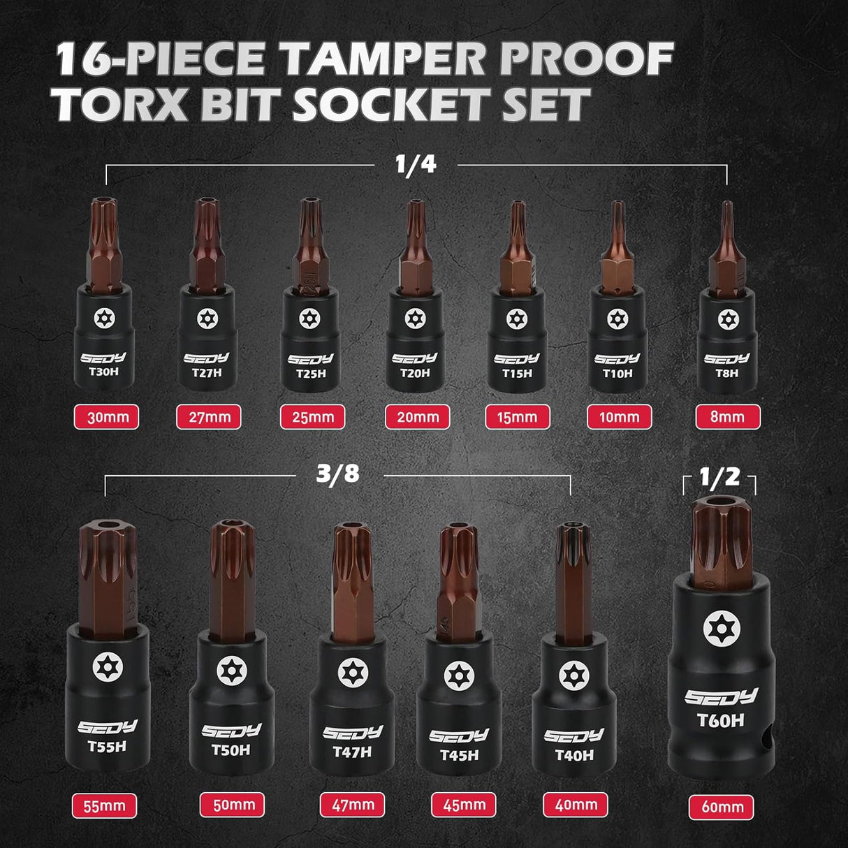Tamper-proof external Torx bit socket set with 16 S2 and Cr-V pieces in 1/4", 3/8", and 1/2" drives, organized on a magnetic aluminum rail for secure tool storage.