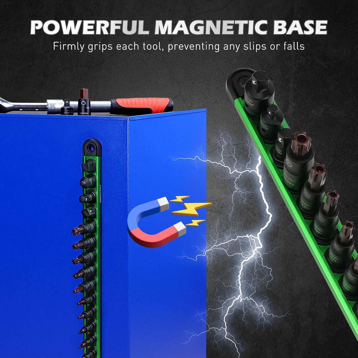 Tamper-proof external Torx bit socket set with 16 S2 and Cr-V pieces in 1/4", 3/8", and 1/2" drives, organized on a magnetic aluminum rail for secure tool storage.