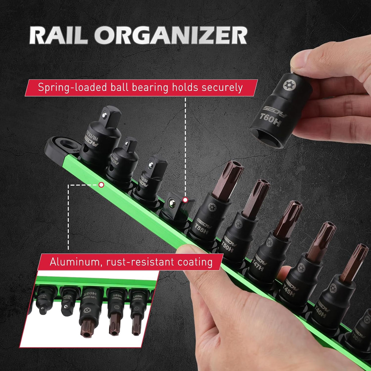 Tamper-proof external Torx bit socket set with 16 S2 and Cr-V pieces in 1/4", 3/8", and 1/2" drives, organized on a magnetic aluminum rail for secure tool storage.