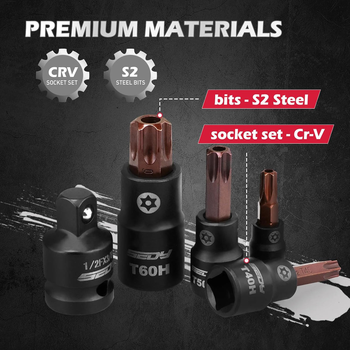 Tamper-proof external Torx bit socket set with 16 S2 and Cr-V pieces in 1/4", 3/8", and 1/2" drives, organized on a magnetic aluminum rail for secure tool storage.
