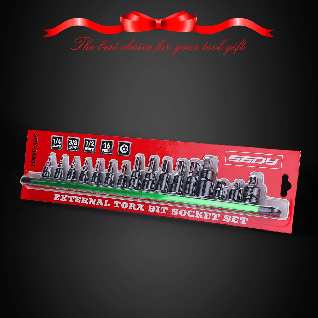 Tamper-proof external Torx bit socket set with 16 S2 and Cr-V pieces in 1/4", 3/8", and 1/2" drives, organized on a magnetic aluminum rail for secure tool storage.