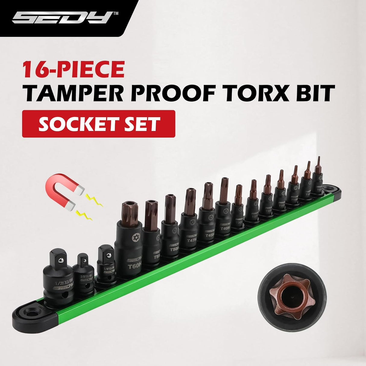 Tamper-proof external Torx bit socket set with 16 S2 and Cr-V pieces in 1/4", 3/8", and 1/2" drives, organized on a magnetic aluminum rail for secure tool storage.