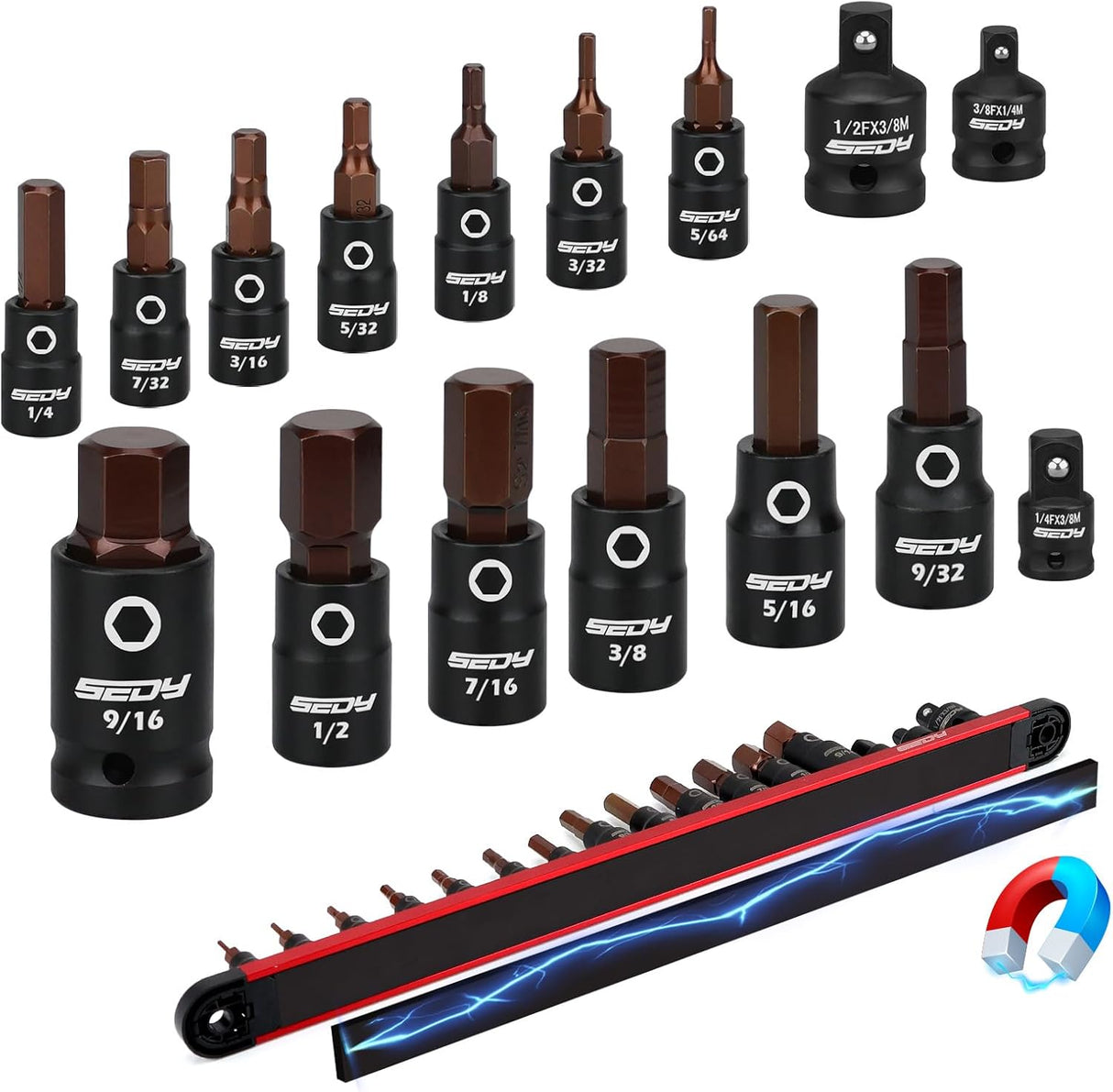SEDY 16-Piece Allen-Wrench Hex Bit Socket Set with Magnetic Rail Organizer for Professional Use